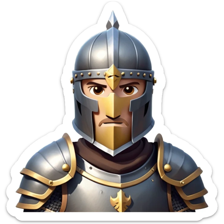 clash-of-clans-aesthetic_-cinematic-fearsome-and-majestic-knight-bust-portrait-emoji, rendered in a flat, vector-style with minimal shading and bold, simplified shapes, depicting a battle-ready medieval knight with steely eyes and intricate armor, mounted riding on a black warhorse reflecting sunlight over a misty battlefield. sticker