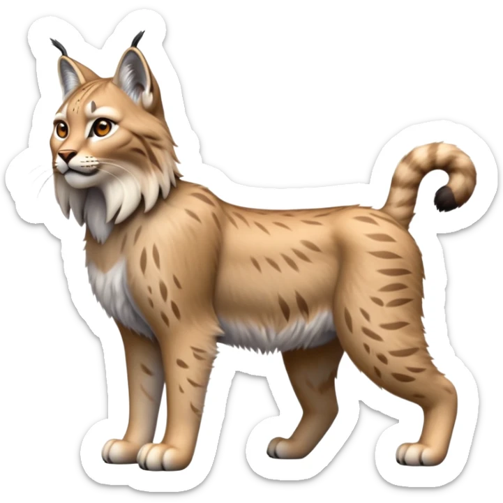 Cinematic-Lynx-Realistic-Full-Body-Standing on all fours-Emoji – head tilted dramatically, fur with faint spotting, long legs and large paws poised elegantly, simplified yet realistic focused features, highly detailed, glowing with an almost sarcastic glow zoomed out showing fluffy shoulders sticker