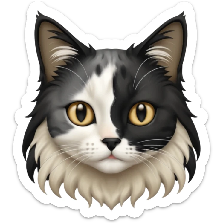 black and white long hair cat. black nose. black splotch near nose (on the right side). white chest. sticker