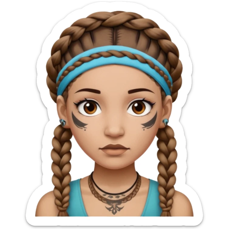 big lose braids starting from the top of the head woman face wiith big visible braids and mono color headband on head strict face and braids as big as headband and lots and lots of face tattoos sticker