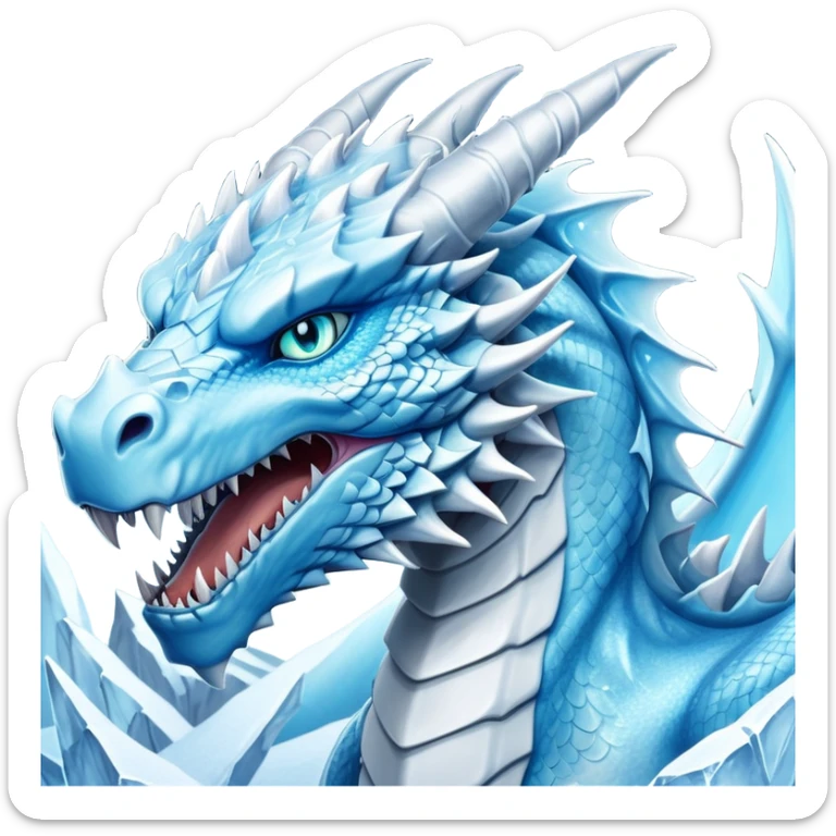Cinematic Noble Fierce Ice Dragon Portrait Emoji, Poised and imposing, with a muscular, scaled body shimmering in glacial hues of icy blue, frostbitten silver, and crystalline white, breathing out frost, with piercing, glowing eyes that radiate the chilling depths of an arctic storm; rendered in detail. sticker
