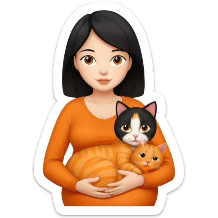 pregnant black hair woman with orange cat sticker