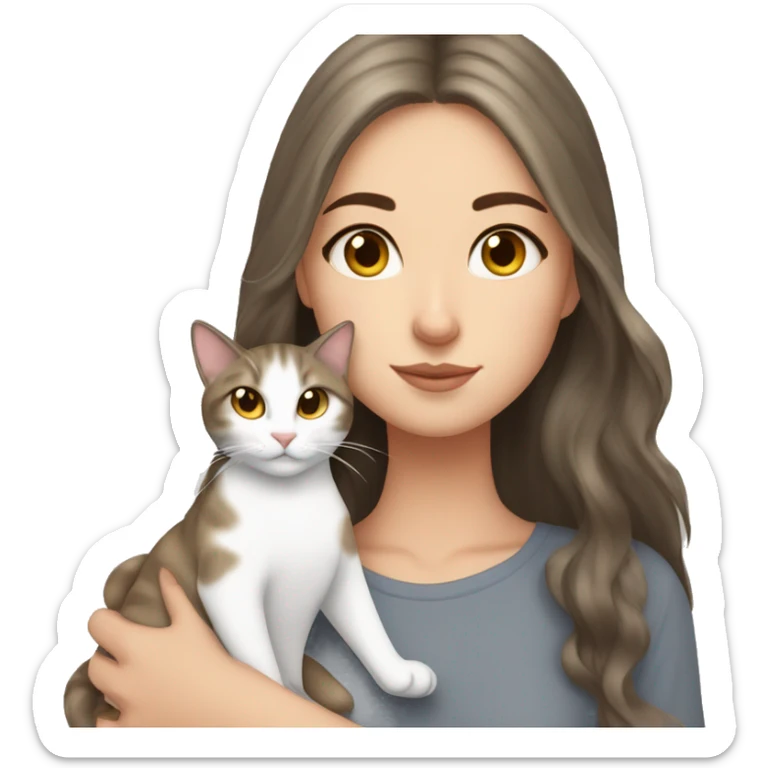 White Girl with Long Brown hair and golden Eyes snuggeling grey tigered cat  sticker