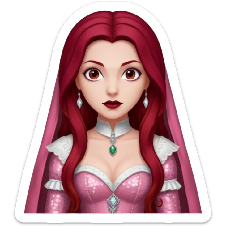 Aleera, Bride of Dracula from Van Helsing with long dark red hair, light pink sequin outfit sticker