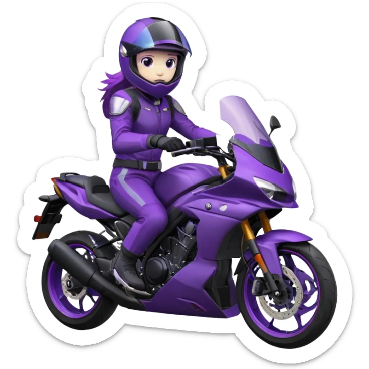 Créer un emoji avec une moto mt07 sport noir mate / violet iridescent très foncé. Avec une pilote dessus visière violet sombre faceless, bulle de la moto violet. Avec fond arrière violet, tenue complète casque inclus violet  sticker