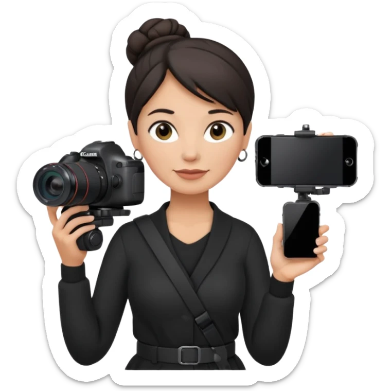 middle aged woman photographer with dark hair in a bun, wearing black clothes, carrying a canon r5 and an iPhone on a gimbal sticker