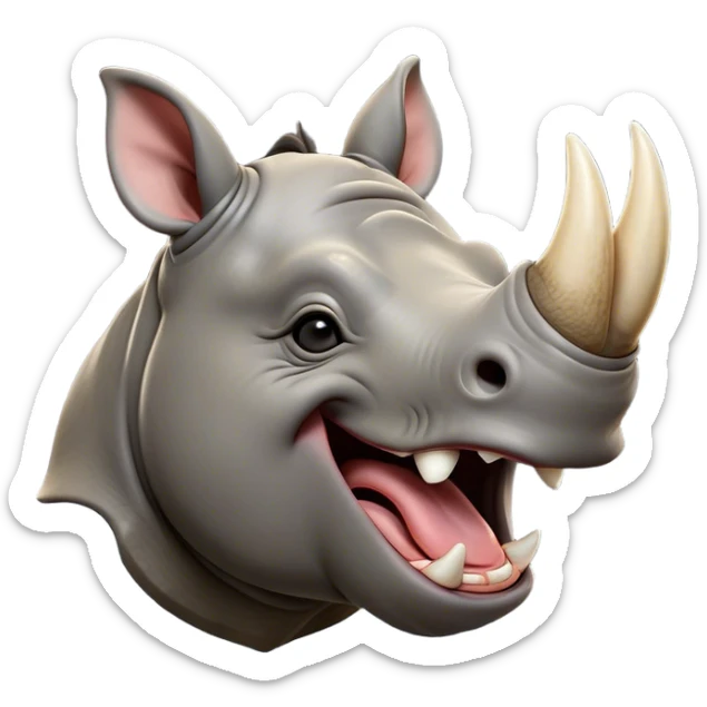 Cinematic Cute Yawning Rhinoceros Portrait Emoji, Head tilted slightly with a dramatic, wide-open yawn, showcasing a soft, textured slate-gray hide with a slightly drooping horn and eyes barely open in drowsy contentment, Simplified yet irresistibly adorable features, highly detailed, glowing with a soft, cozy glow, high shine, relaxed yet expressive, stylized with a touch of rugged whimsy, bright and endearing, soft glowing outline, capturing the essence of a sleepy yet affectionate rhinoceros, so drowsy it feels like it could stretch out of the screen and curl up for a nap! sticker