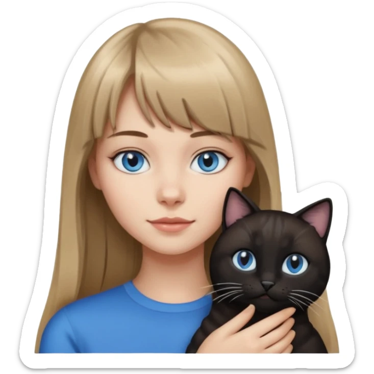 Apple-style emoji sticker of a young woman with long dark blond hair and bang, blue eyes , holding a cat black and white sticker