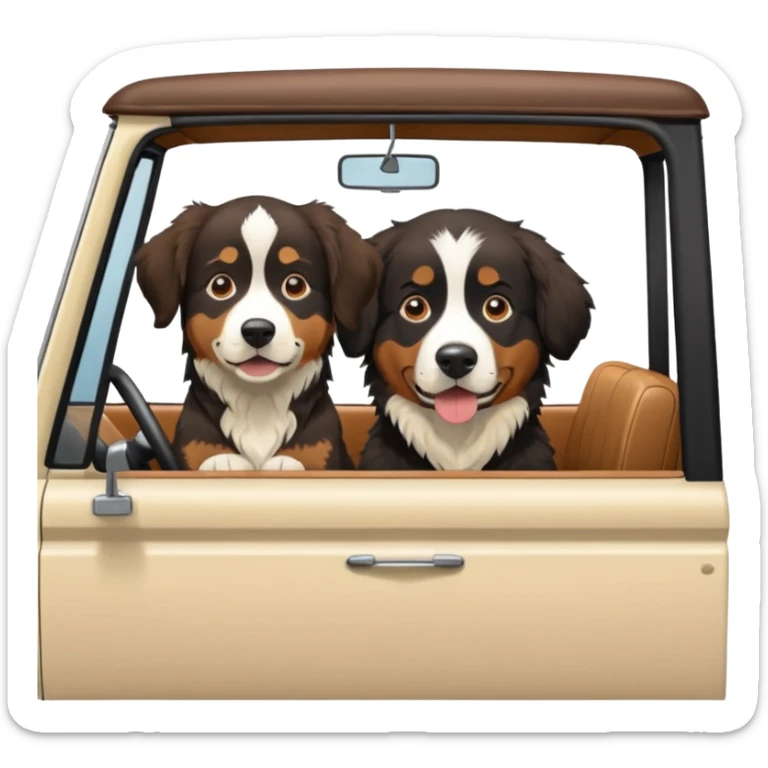 Cream colored ford bronco with no roof and Bernese mountain dog in the seat sticker