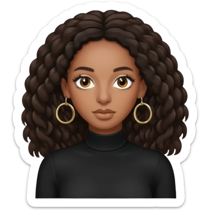 Solange brown eyes, long dark brown hair, black outfit with earrings sticker