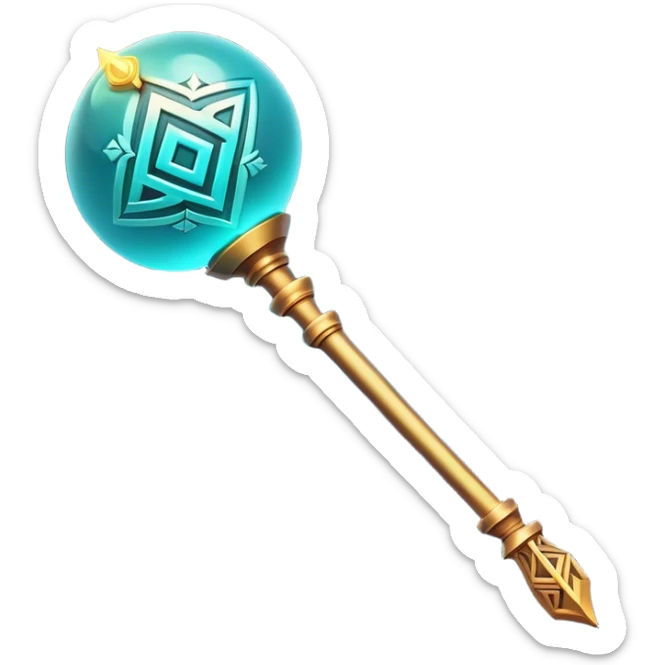 Clash of Clans aesthetic: Cinematic Playful Magic Staff Emoji, rendered in a 3D vector-style similar to standard emojis with minimal shading and bold, simplified shapes. A compact, isometric enchanted staff with intricate runic carvings and a glowing orb at its tip, softly glowing with a mystical arcane charm. Simplified yet unmistakably iconic, highly detailed and consistent, glowing with a soft radiant glow and high shine. Stylized with a touch of legendary sorcery and a soft glowing outline, capturing the essence of a powerful magic staff with a friendly, playful vibe! sticker