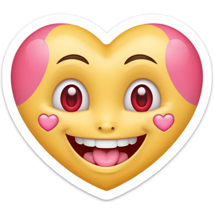 "Perfect smiling face with heart-eyes emoji 😍, classic yellow skin tone, bright open U-shaped smile showing white teeth and pink tongue tip, two large glossy red cartoon heart-shaped eyes with sparkling highlights  sticker