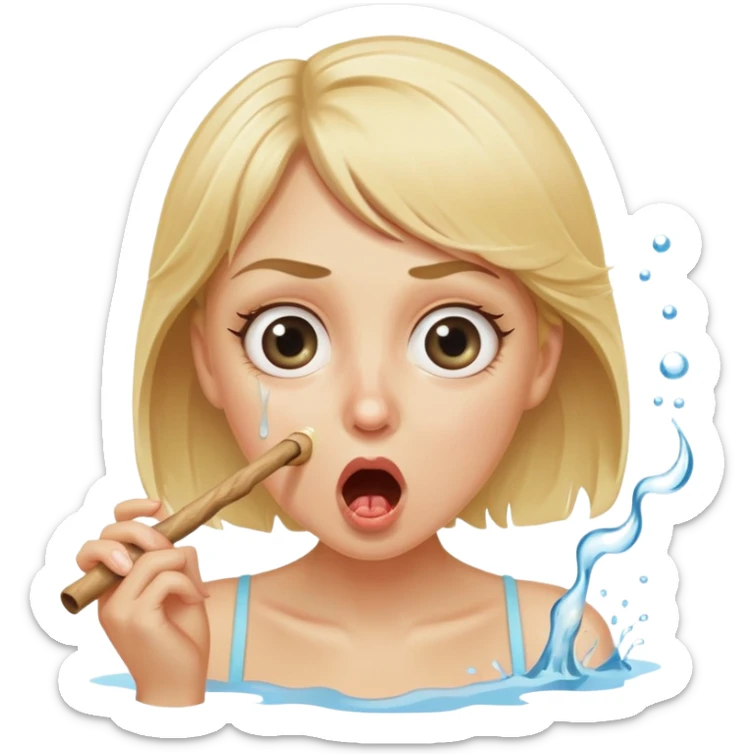 blond woman with wide eyes, holding a wide skin-colored stick with a nibble on the edge, water squirting from the stick into her mouth, shocked face sticker