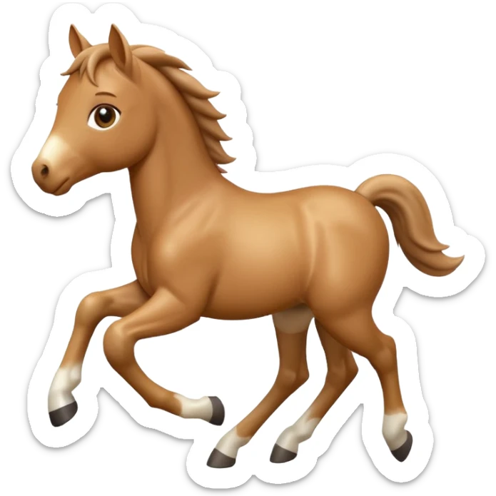 3D Apple-style emoji of a running foal. Small young horse with light brown body, short mane, big eyes, rounded and glossy, smooth shading, white background.

 sticker