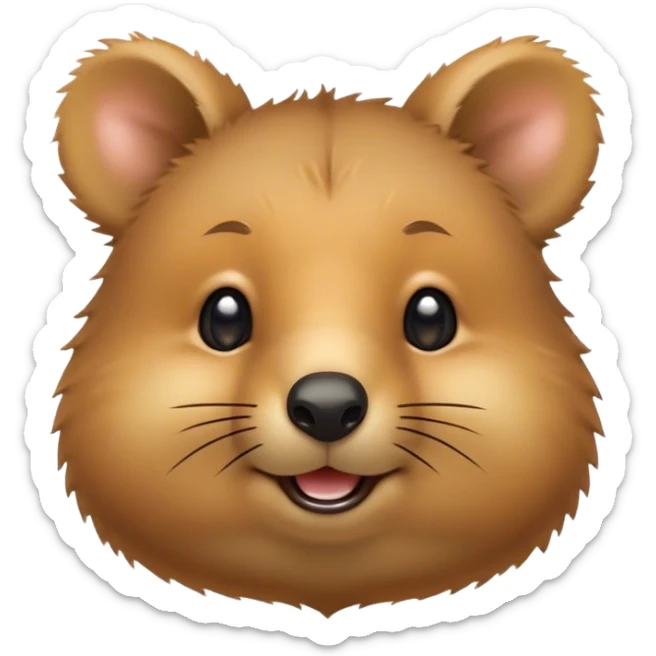 Cinematic Cute Quokka Portrait Emoji, Head tilted playfully and inquisitively, featuring a fluffy, round face with a naturally cheerful grin and bright, sparkling eyes full of playful curiosity, Simplified yet irresistibly adorable features, highly detailed, glowing with a warm, friendly glow, high shine, affectionate and spirited, stylized with a touch of Aussie whimsy, bright and endearing, soft glowing outline, capturing the essence of a mischievous yet loving quokka, so playful it feels like it could scamper out of the screen and into your arms! sticker