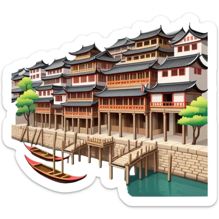 Fenghuang Ancient Town with wooden stilt houses by river, simplified emoji style with bold outlines and bright colors, cartoon style traditional Chinese buildings sticker