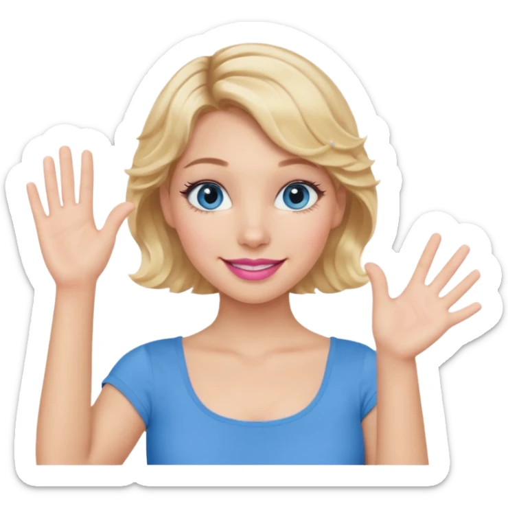 Girl Blonde short wavy hair,  blue eyes, cute blue top, long lashes, pink lips, smiling, one hand palm up sticker