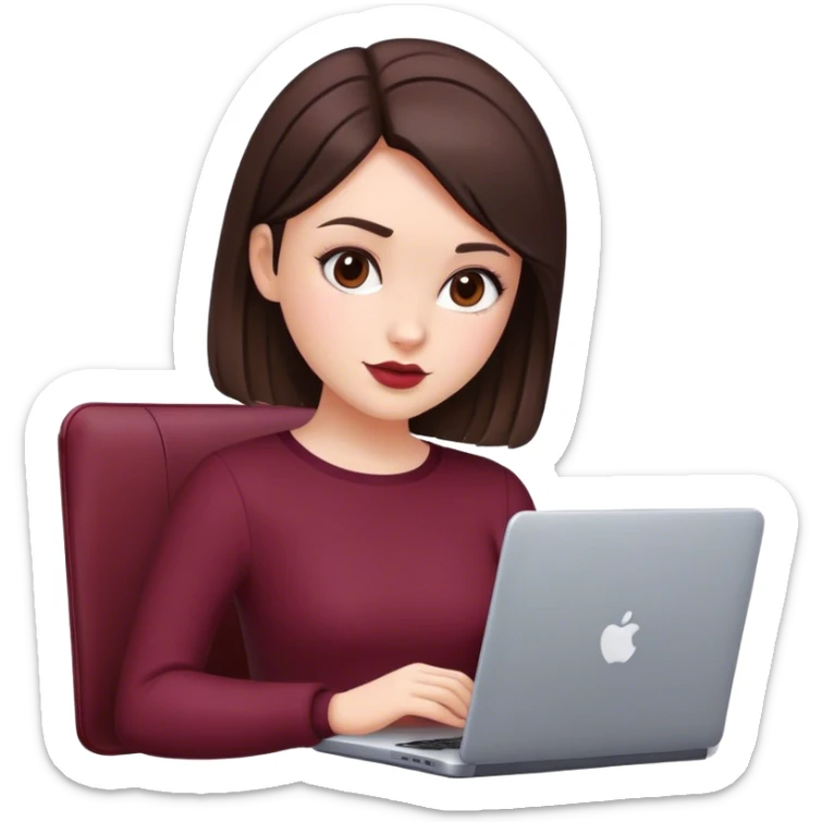 a brunette girl with a square hairstyle, with a laptop Burgundy sticker