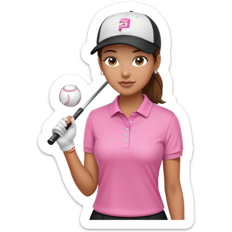 A female golfer with a pink polo shirt, a black skirt, and a white baseball cap. sticker