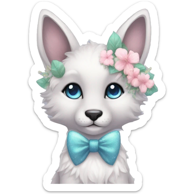 Anthro Cute Cool Pastel Kawaii gorgeous sparkly ethereal fantasy animal creature with blue eyes furry sona with flowers and bow tie beautiful aesthetic sticker