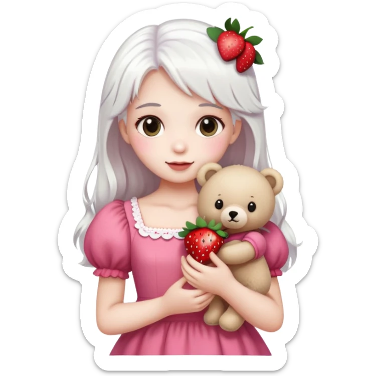 girl with white hair holding a strawberry wearing a pink dress holding a teddy bear sticker