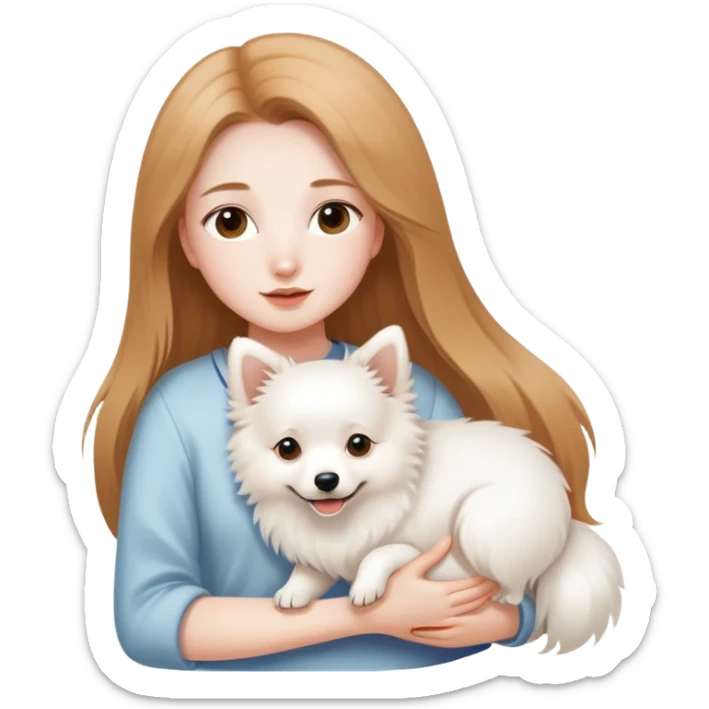 long light brown hair girl with pale skin holding one white Japanese spitz dog in her arms sticker