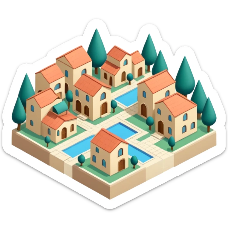 little city and many, small, ordinary, simple, home, Iranian-style, 1980, isometric sticker