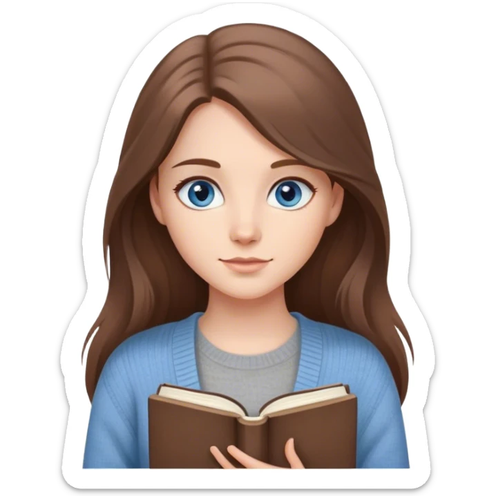 a young woman with long brown hair and blue eyes, with a in a cute gray cardigan with a book  sticker