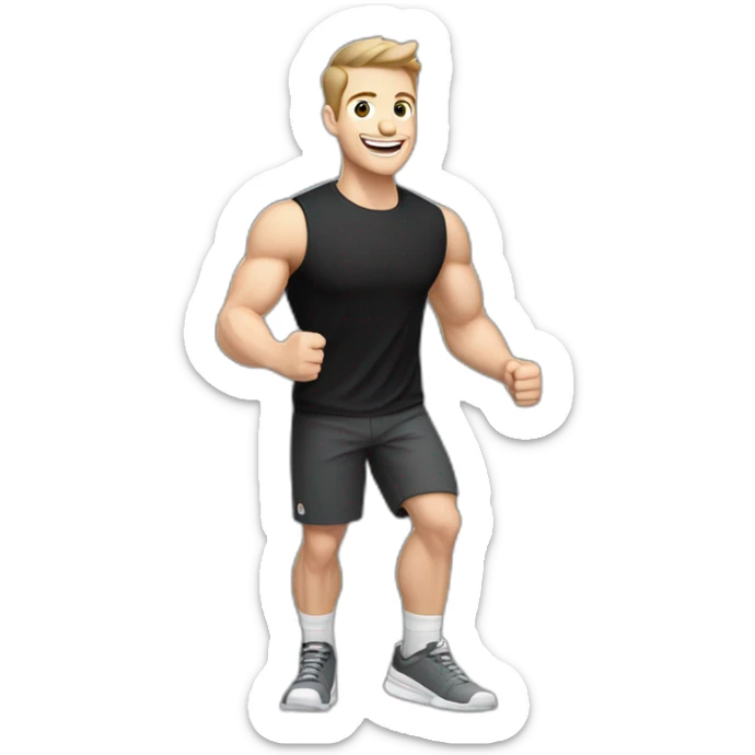 Joyful Celebrating victory Pale skinned Fit Man With the biceps and dark brown hair in black shirt, gray sports shorts and white Sneakers sticker