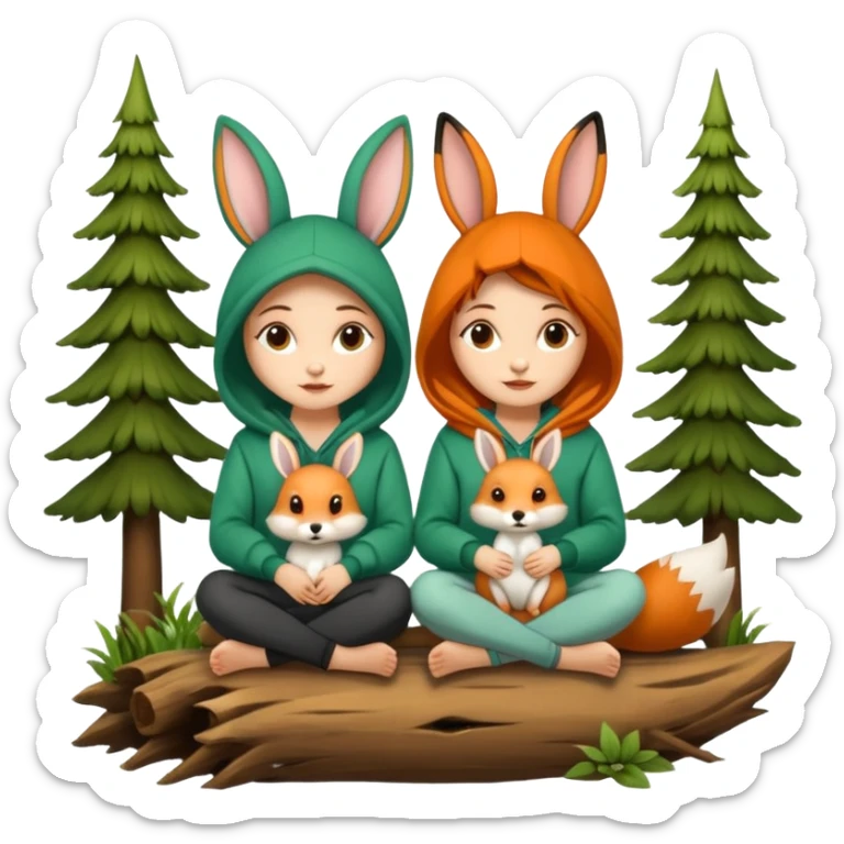 two forest women with cute fox and rabbit hoodies sitting together on log sticker