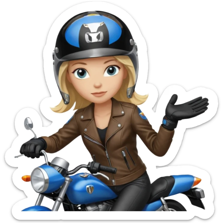 moça loira de cabelo comprido e olhos azuis com capacete em moto honda 150 preta em cima da moto sticker
