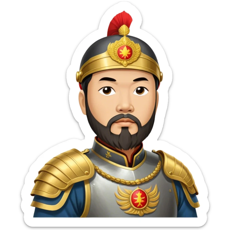 ​Cinematic Realistic Portrait of Trần Hưng Đạo, depicted as a revered Vietnamese general with his characteristic traditional Vietnamese beard and historic armor, his determined gaze illuminated by dramatic historical lighting that evokes his legendary martial spirit and leadership, sticker