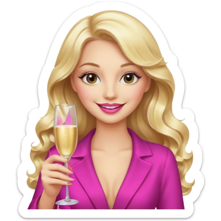 Glamorous blonde lady holding champagne bottle, long hair with makeup smiling  sticker