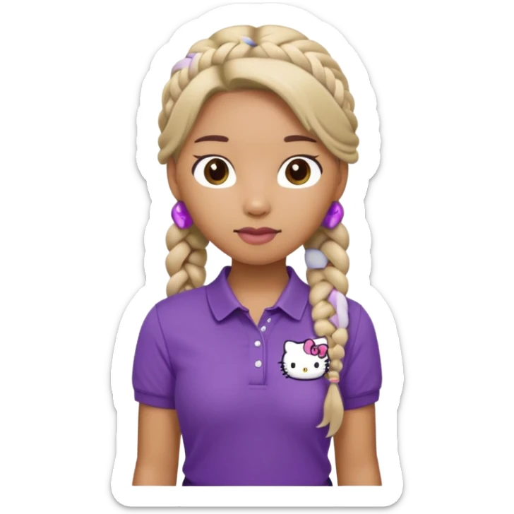 hello kitty wearing purple polo shirt and kyaki pants with long fishtail braids baddie sticker