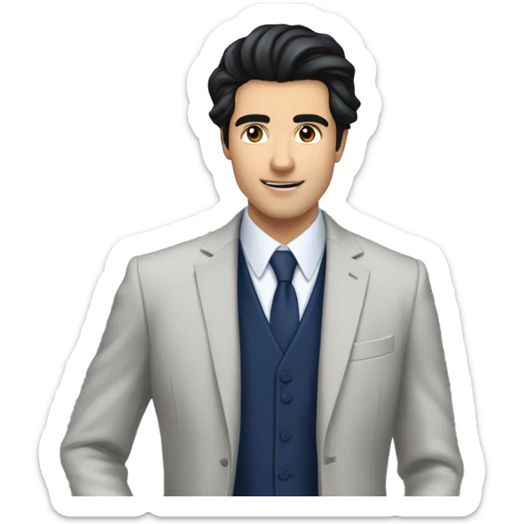 Handsome male, black hair, wearing dark blue suits, Background with buildings, white skin, pampadour cut sticker