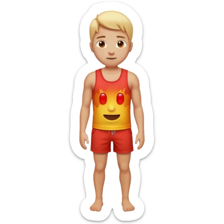 Emoji-style person standing in beach shorts, skin visibly sunburned and red on arms, legs, and face, but chest and shoulders clearly lighter with tank top tan lines. Expression shows mild pain or discomfort, cute rounded emoji design, soft 3D shading, vibrant colors sticker