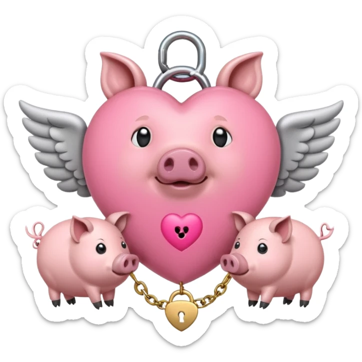 Pink heart with a lock and key inside surrounded by flying pigs with ball gags on sticker