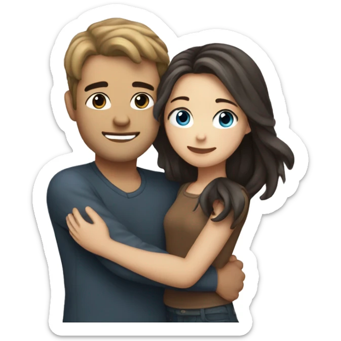 Pretty girl with long light brown hair and blue eyes hugging man with dark hair sticker