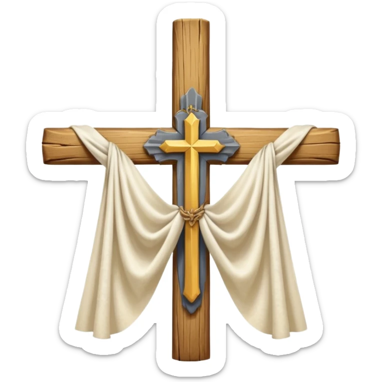 Cross made of wood, the top of the tip of the cross, a golden cross, and a white cloth hanging over the two arms of the cross sticker