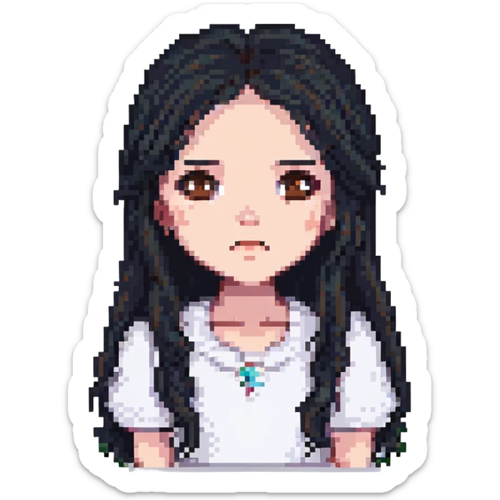 confused white girl with long black hair and brown eyes, pixel art style sticker