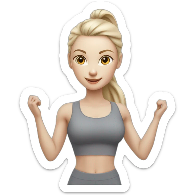 Pale skinned fit woman In a gray tight yoga suit With ash blonde hair in a ponytail doing yoga sticker