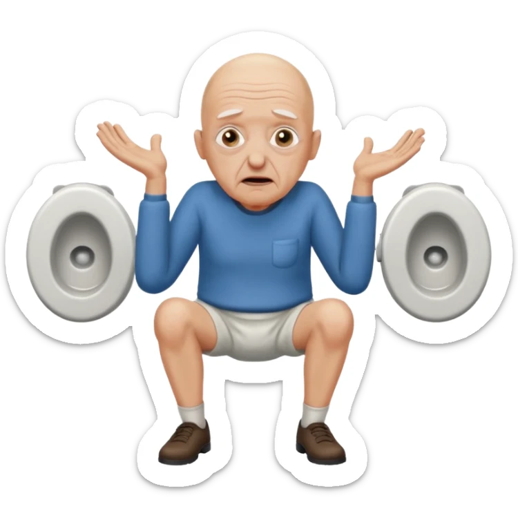 A bald person who’s very old is staring, he’s inside a toilet and his head is upright and looking at the camera with very wide eyes and his hands are putting pressure on his head, very scared expression and he’s shaking his butt sticker