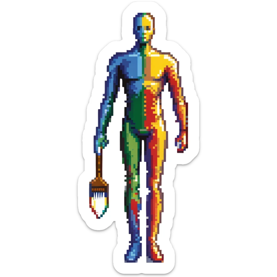 A paintbrush transforming into a metallic human silhouette, symbol of artistic identity sticker