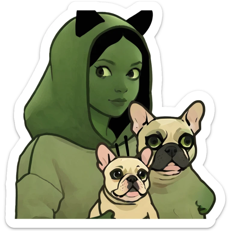 A brown haired girl wearing a beige hoodie is holding two French bulldogs, one beige and one black sticker