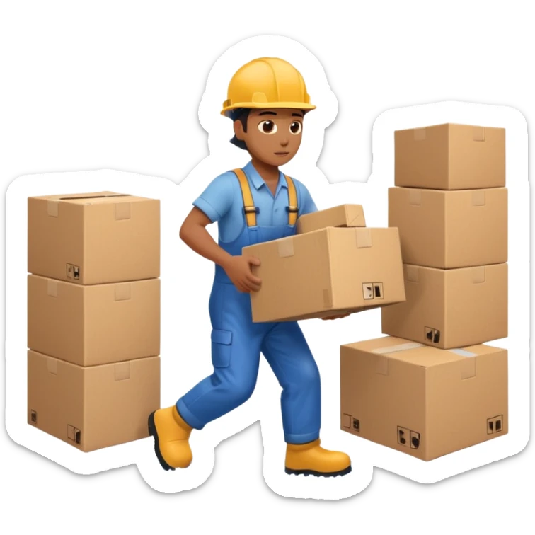 Animación educativa sobre un accidente laboral en un entorno industrial. Un trabajador de fábrica, con casco pero sin otros elementos de protección personal, resbala en un piso mojado y cae al suelo mientras transporta una caja. sticker