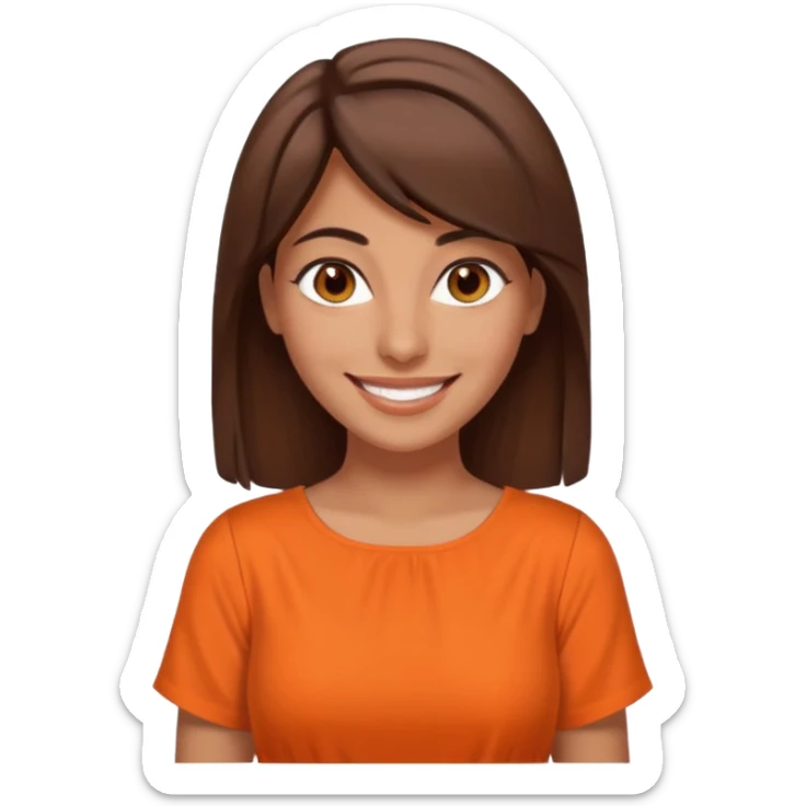 30 yr old middle eastern woman straight brown hair side bangs big smile tanned skin brown eyes orange dress sticker