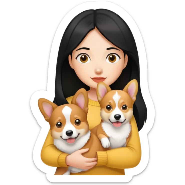 A black hair girl holding a corgi dog and a yellow dog sticker