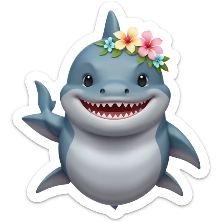 A cute chubby shark with hawaii pastel flower necklace and hawaiian flower crown, posing proudly. sticker