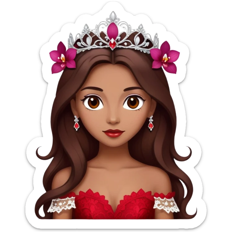 enchantress with brown eyes and tanned skin and long chocolate brown hair wearing a embellished scarlet red and white lace gown with orchid tiara sticker