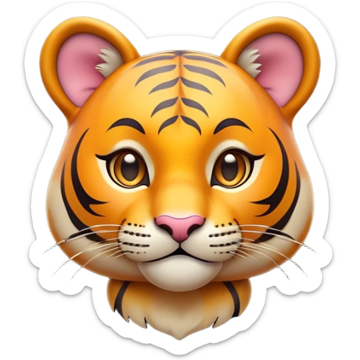 Cinematic Cute Tiger Portrait Emoji, Head tilted playfully and inquisitively, with a sleek, graceful form accented by vivid stripes and round, sparkling eyes filled with charm, Simplified yet irresistibly adorable features, highly detailed, glowing with a warm, inviting wild glow, high shine, affectionate and lively, stylized with a touch of whimsical feline grace, soft glowing outline, capturing the essence of a mischievous yet loving tiger that seems as if it could leap out of the screen into your arms! sticker